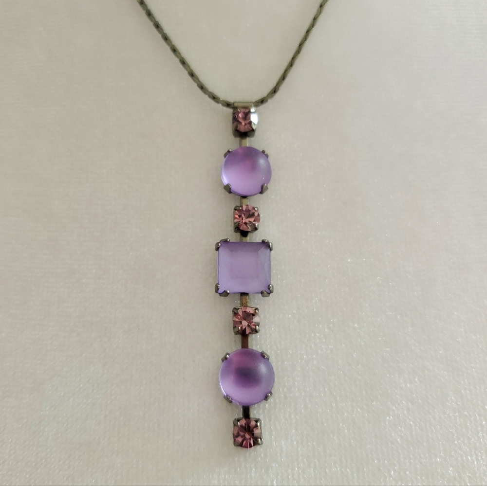Cabochon Amethyst Stones Vertical Pendant Necklace Lavender Gun Metal Chain +Box